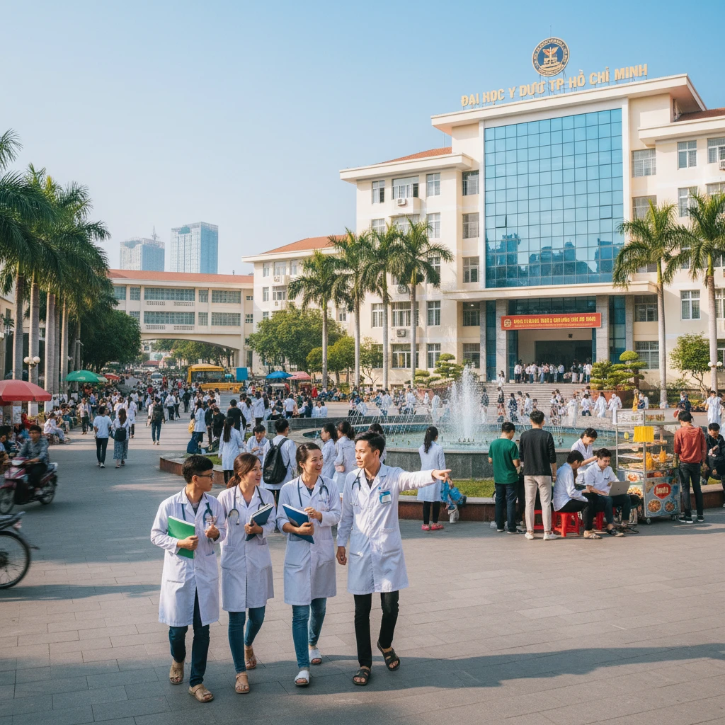 Đại học Y Dược TP.HCM với không gian học tập và sinh viên.