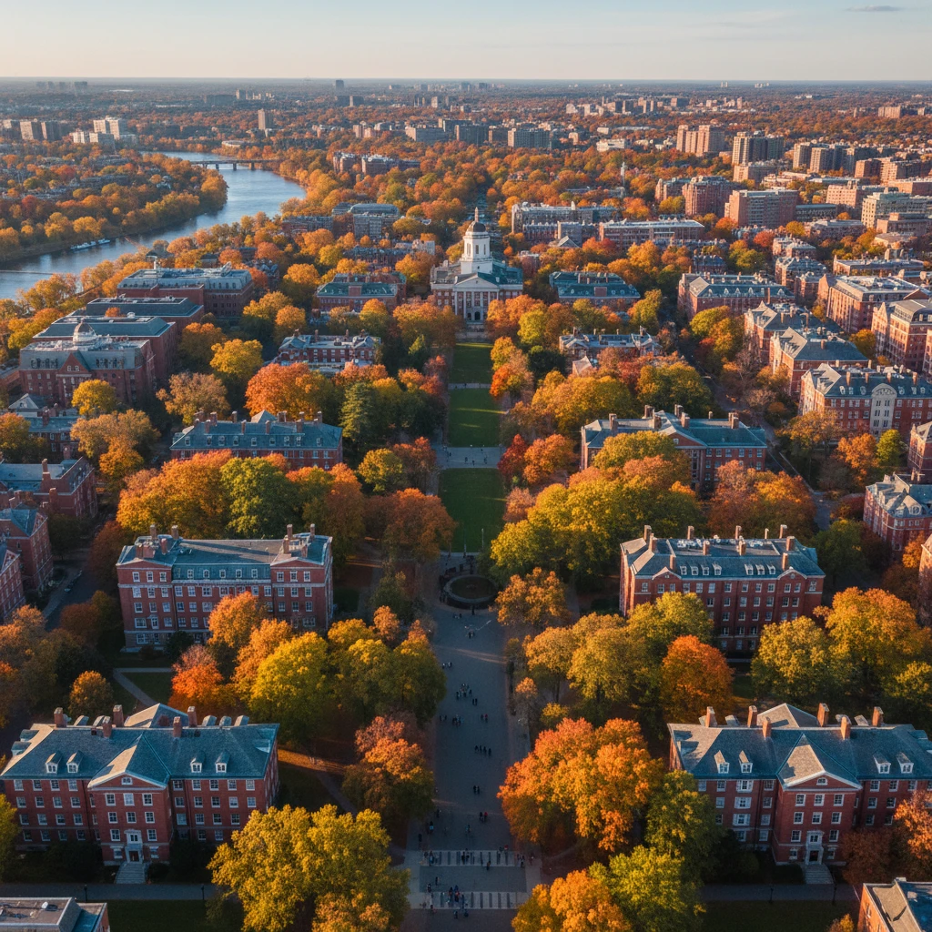 Hình ảnh Đại học Harvard với tòa nhà lịch sử và cảnh sắc mùa thu.