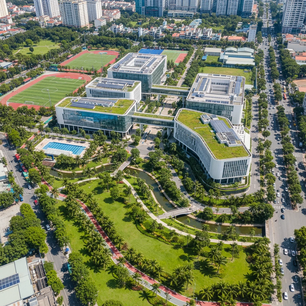 Hình ảnh khuôn viên đại học quốc gia tp.HCM với kiến trúc hiện đại