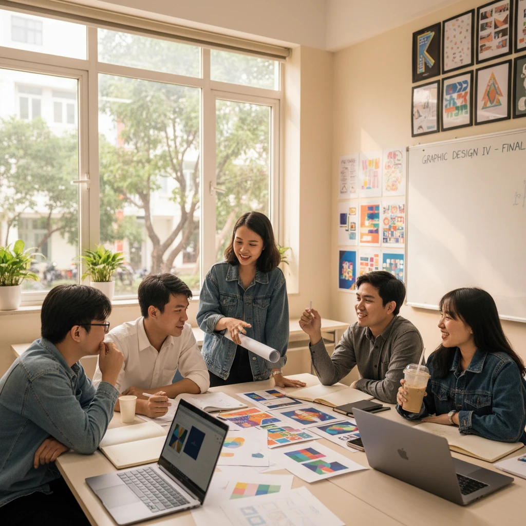 Hình ảnh sinh viên thảo luận thiết kế đồ họa tại Việt Nam