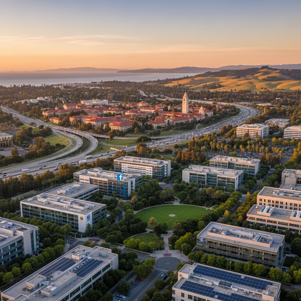 Hình ảnh Thung lũng Silicon với văn phòng công ty công nghệ và Đại học Stanford.