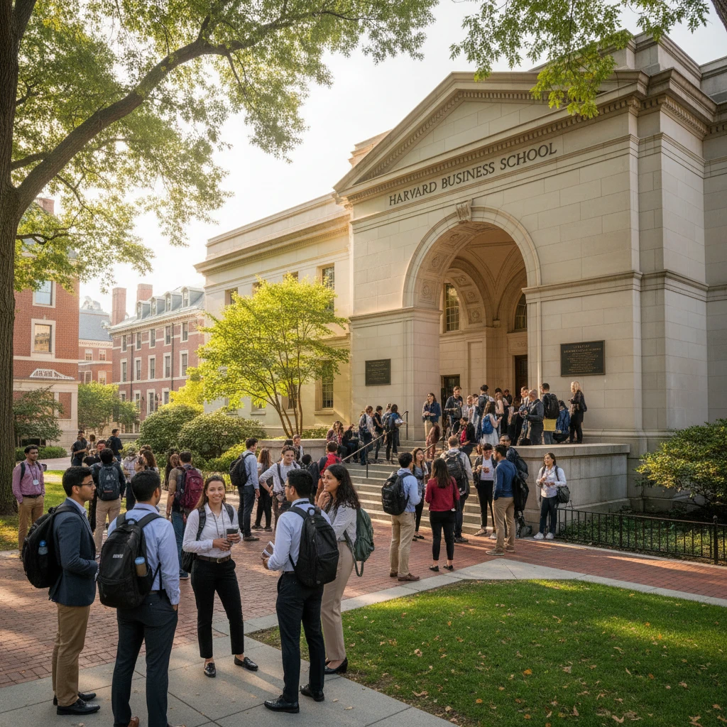 Lối vào Harvard Business School sôi động
