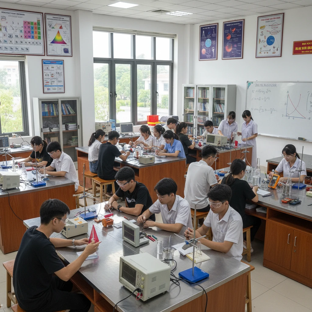 Sinh viên đại học học tập trong phòng thí nghiệm Vật lý theo tổ hợp môn A00.