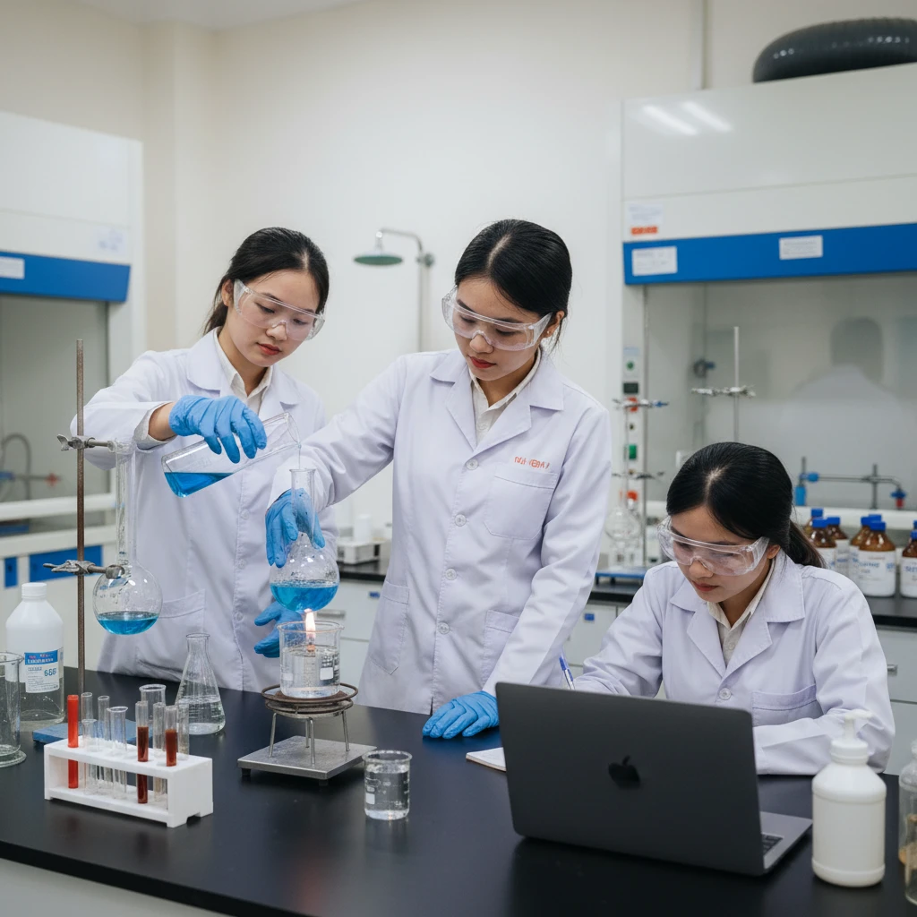 Sinh viên thực hành thí nghiệm Hóa học theo tổ hợp môn B00.